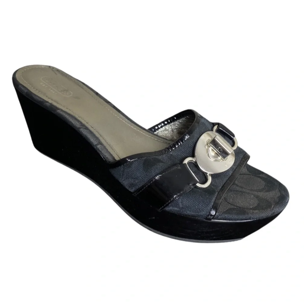 Coach Black Wedge Slide Sandals with Signature Hardware